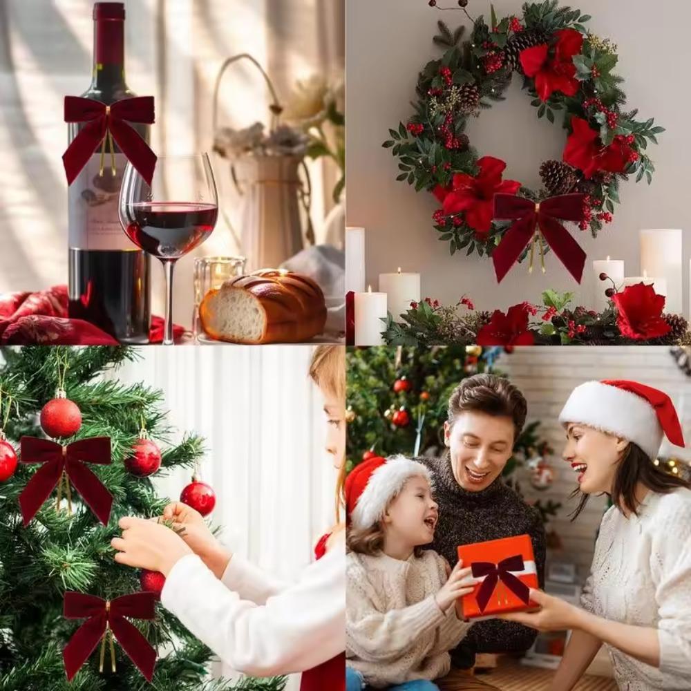 24PCS Small Red Velvet Christmas Bows with Cable Tie Garland Ornament Gift Wrap Bow Door