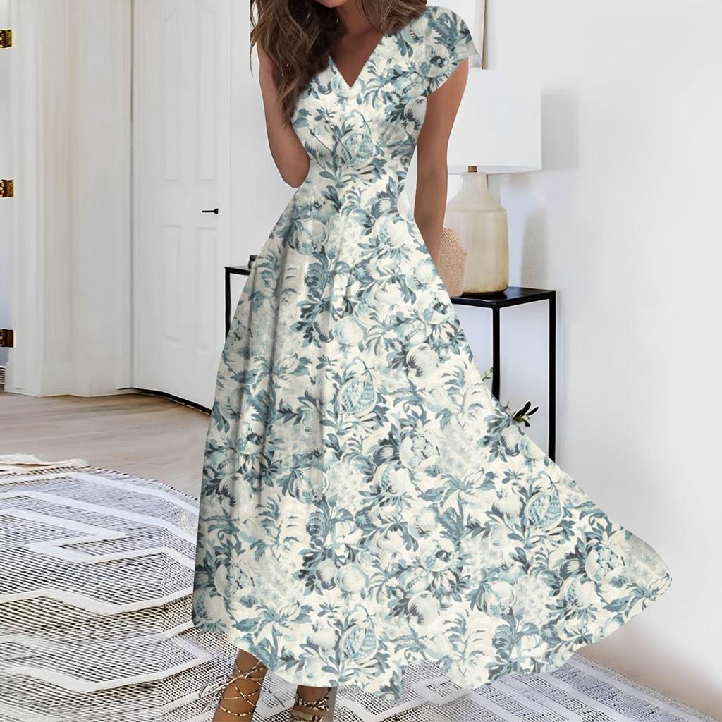Женское длинное платье Макси-платье Повседневное платье Летнее повседневное платье с короткими рукавами и v-образным вырезом в стиле бохо с талией и принтом
