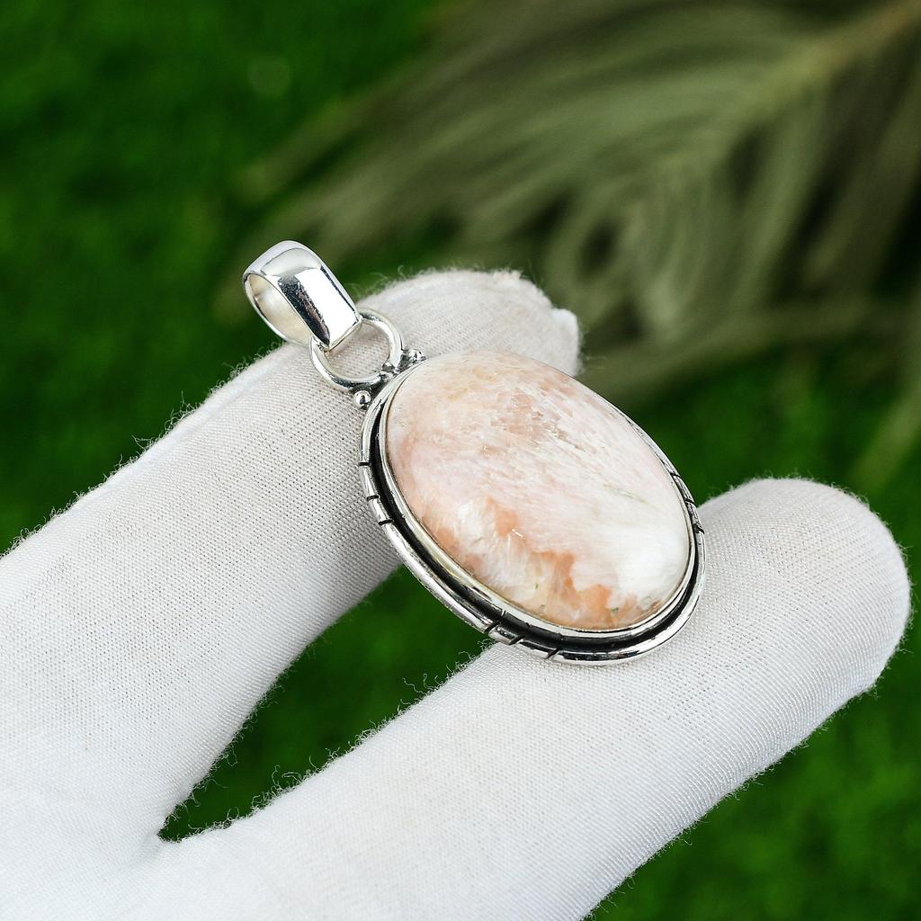 925 Silver Scolecite Stone Wife Wedding Bezel Ethnic Birthday Pendant Jewelry