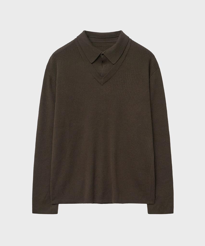 NOIRER Layered V-Neck Polo Knit (Deep Brown)