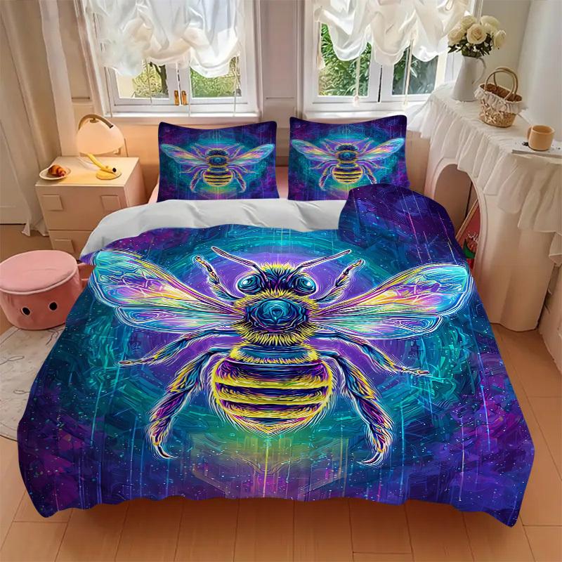 3pcs Neon Bee Print Duvet Cover Set - Machine Washable, Includes 1 Cover and 2 Pillowcases, No Core Included yy251013056