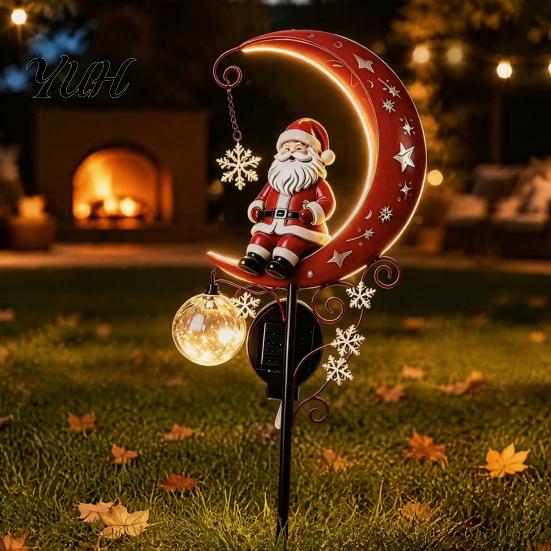 Solar Powered Christmas Decor 31 Inch Solar-Powered Garden Stake Light, Santa Claus on A Moon LED Pathway Retro Style Art Light with Snowflake Charm,