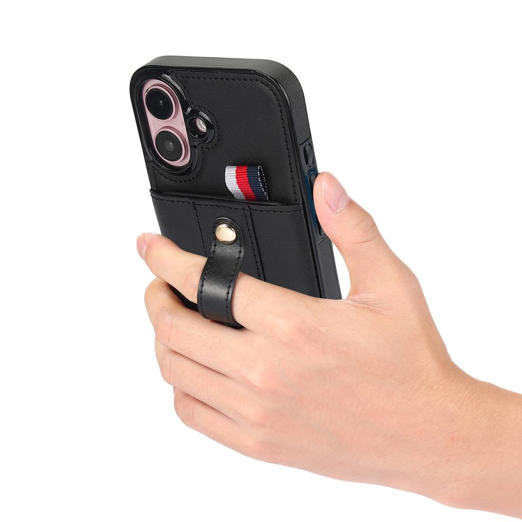 For iPhone 16 Case PU Leather+TPU Hidden Card Holder Drop-proof Phone Cover with Kickstand