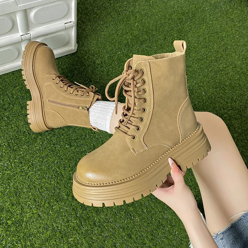 Распродажа модной женской обуви 2024 года, модные женские ботинки с боковой молнией, осенние ботинки в британском стиле с круглым носком, короткие ботинки на платформе со шнуровкой