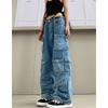 Синие потертые брюки-карго с несколькими карманами Y2k, уличные джинсы с высокой талией в стиле ретро, ​​пара, повседневные широкие брюки в стиле Харадзюку