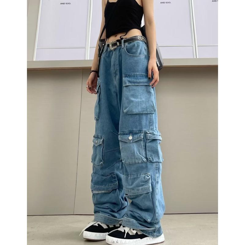 Синие потертые брюки-карго с несколькими карманами Y2k, уличные джинсы с высокой талией в стиле ретро, ​​пара, повседневные широкие брюки в стиле Харадзюку