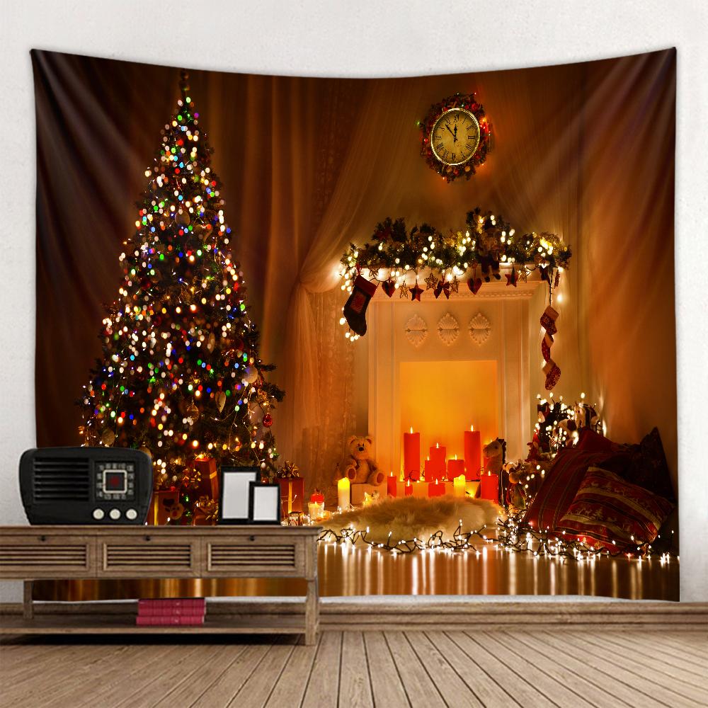 Fireplace Christmas Tree Print Tapestry Christmas Room Wall Decoration Backdrop Fabric Home Decor Tapestry Tapeçaria De Natal