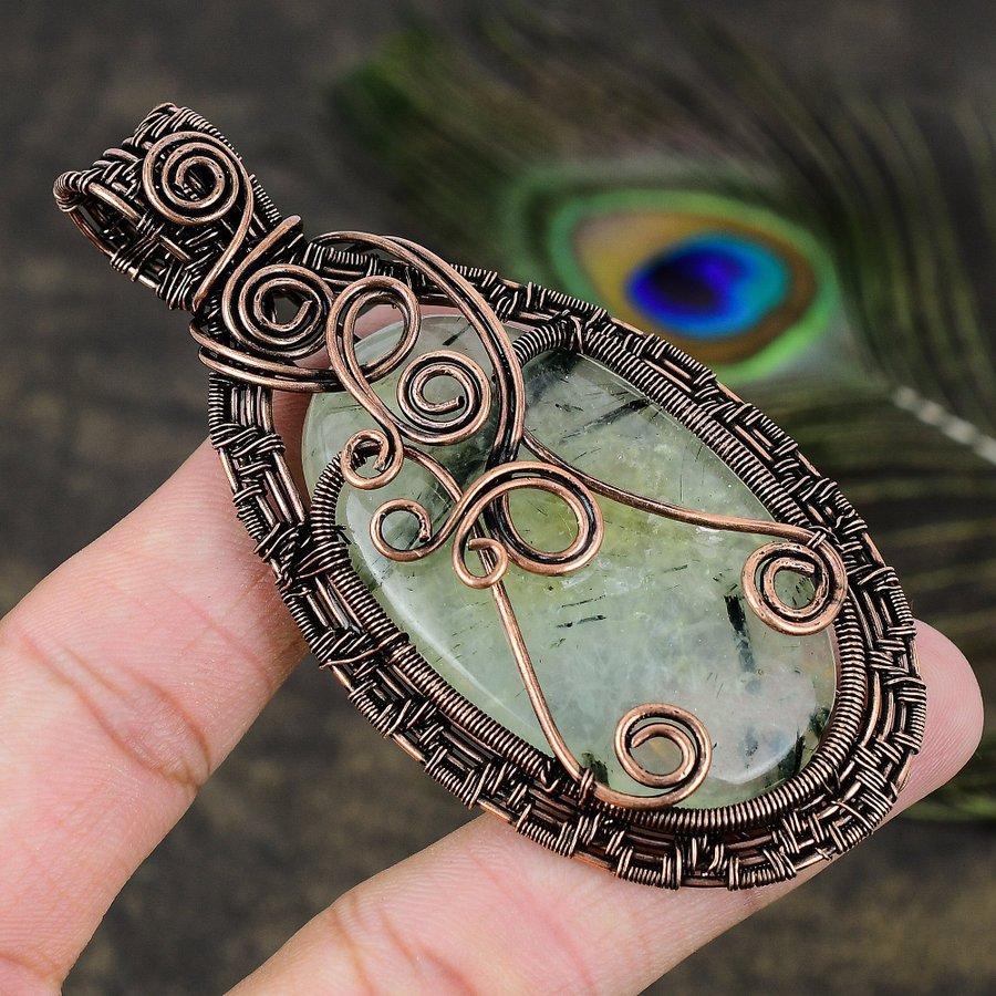 Prehnite Gemstone Copper Wire Wrap Jewelry Pendant 3.47