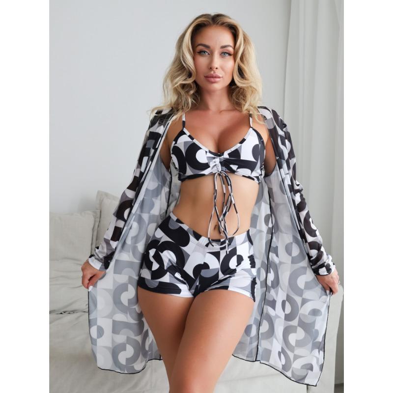 Раздельный купальник из трех частей с бикини с плоской линией бедра для женщин, новый стиль с раздельным верхом и бантом, модный пляжный и купальный наряд