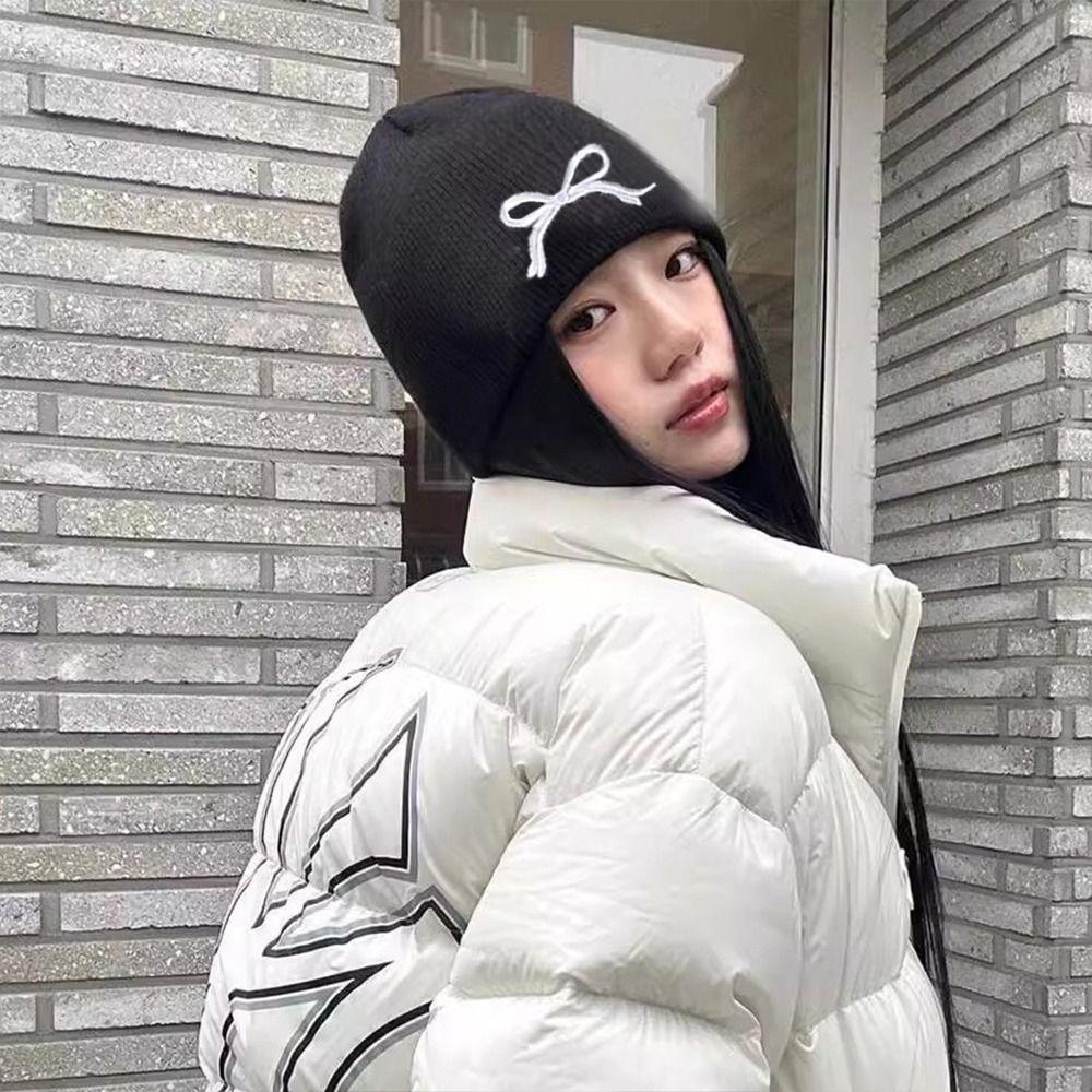 Высококачественные шапки-бини в стиле Y2K, новый дизайн, вышивка бантом, вязаная шапка для девочек, вязаная шапка с бантом для женщин