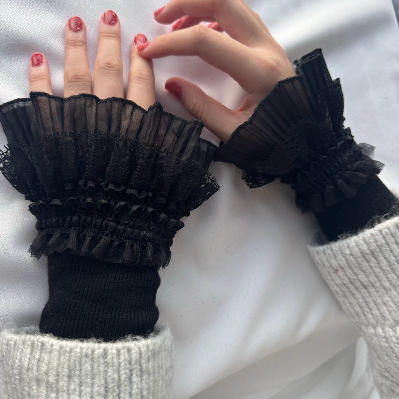 Girls Elastic Fingerless Arm Warm Gloves Double-layer Floral Lace Knitted Fake Sleeves Lolita Cuffs Decorative Accessory