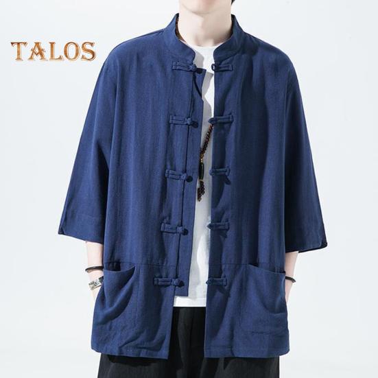 Мужская рубашка в китайском стиле, свободная рубашка в стиле ретро на пуговицах с карманами, хлопковая льняная дышащая летняя рубашка для уличных вечеринок и путешествий