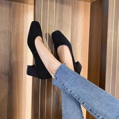 Мода 2025 Новые Черные Темпераментные Профессиональные Женские Туфли На Среднем Каблуке С Квадратным Носком На Высоком Каблуке Женские На Толстом Каблуке