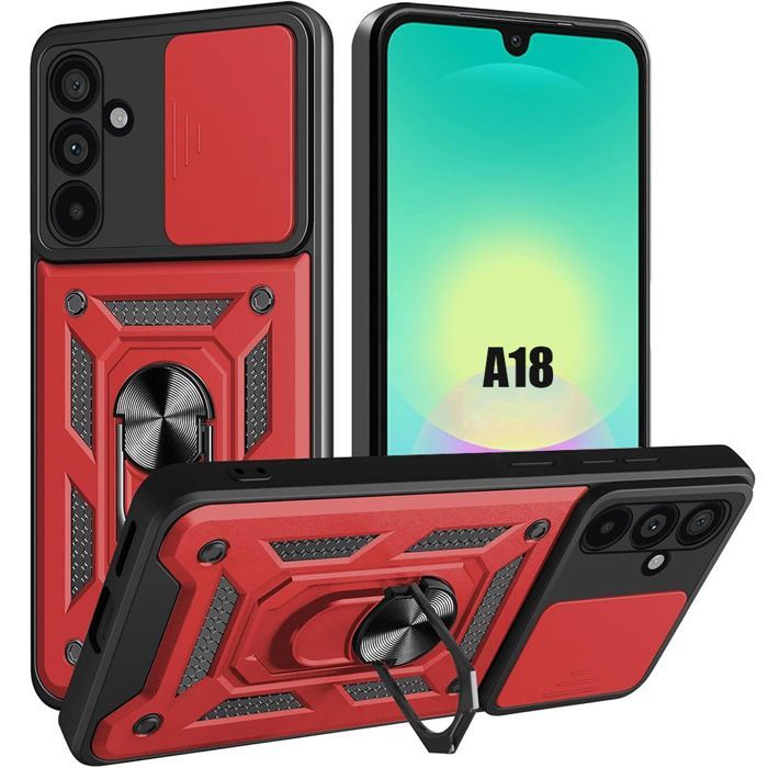 Coque pour Samsung Galaxy A18 5G/4G, Antichoc avec Anneau et Protection Caméra Coulissante Rouge