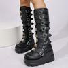 Fashion Gothic Black Platform Combat Boots Women Punk Style Metal Buckle Motorcycle Boots Woman Thick Bottom PU Leather Knee High Boots