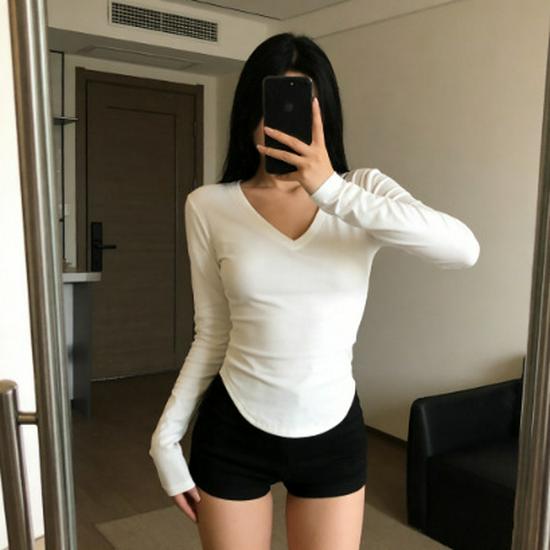 Женский топ облегающего кроя с V-образным вырезом, длинными рукавами и закругленным подолом, весна/осень 2024 г.