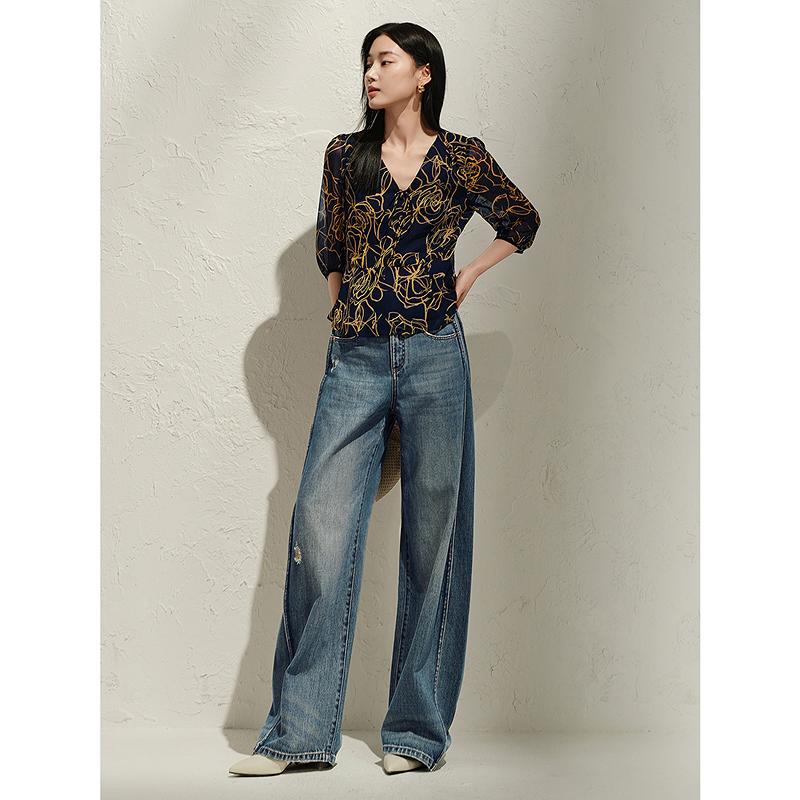 Jiuzi Anna Kou Elegant Romantic Art Printed V-neck Chiffon Waist Single Top for Women