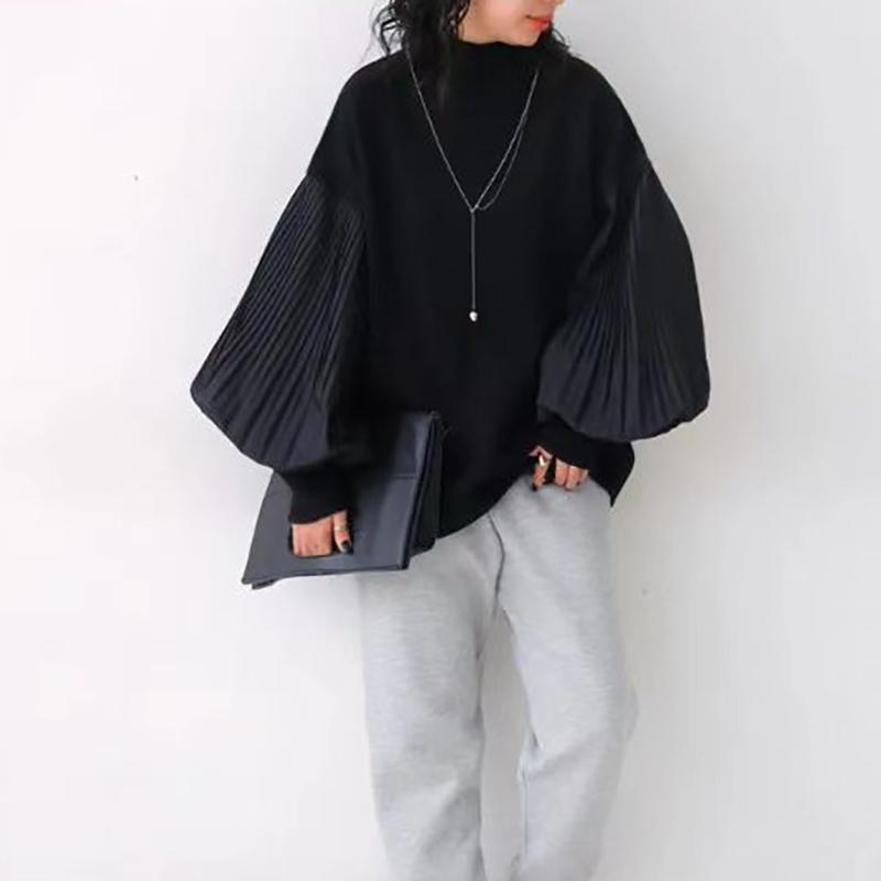 Зимний женский стильный свитер с высоким воротником, пэчворк, повседневный свободный пуловер, рукав «фонарик», женский свитер