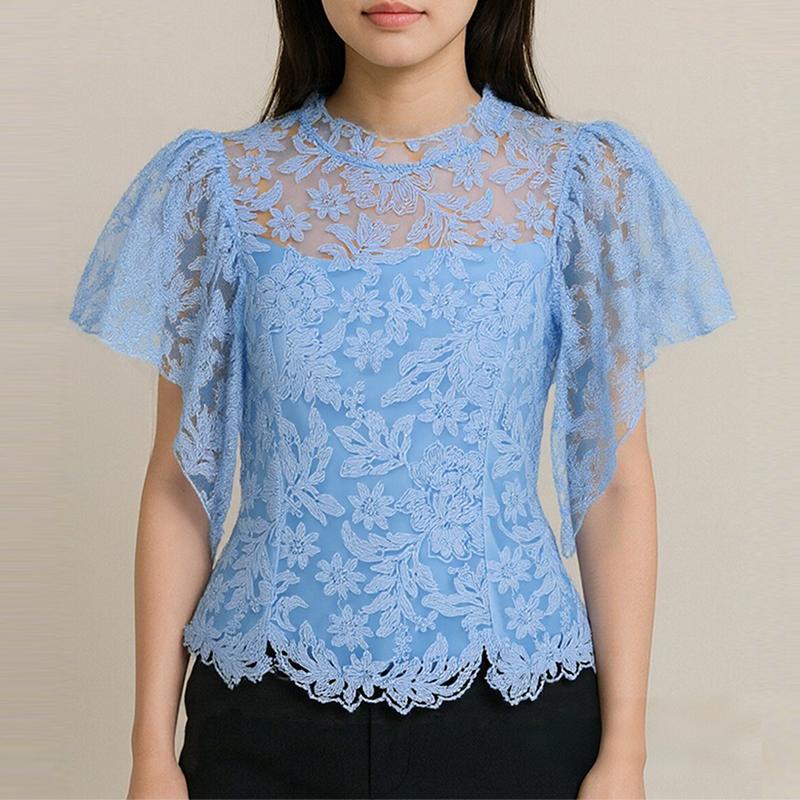 ZANZEA Women Casual Round Neck Ruffles Sleeve Summer Lace Blouse