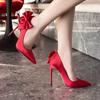 Pointed Bow Thin Single Order Shoes for Women Silk and Satin High Heels 12cm, Plus Size 46 Womens Shoes Heels
