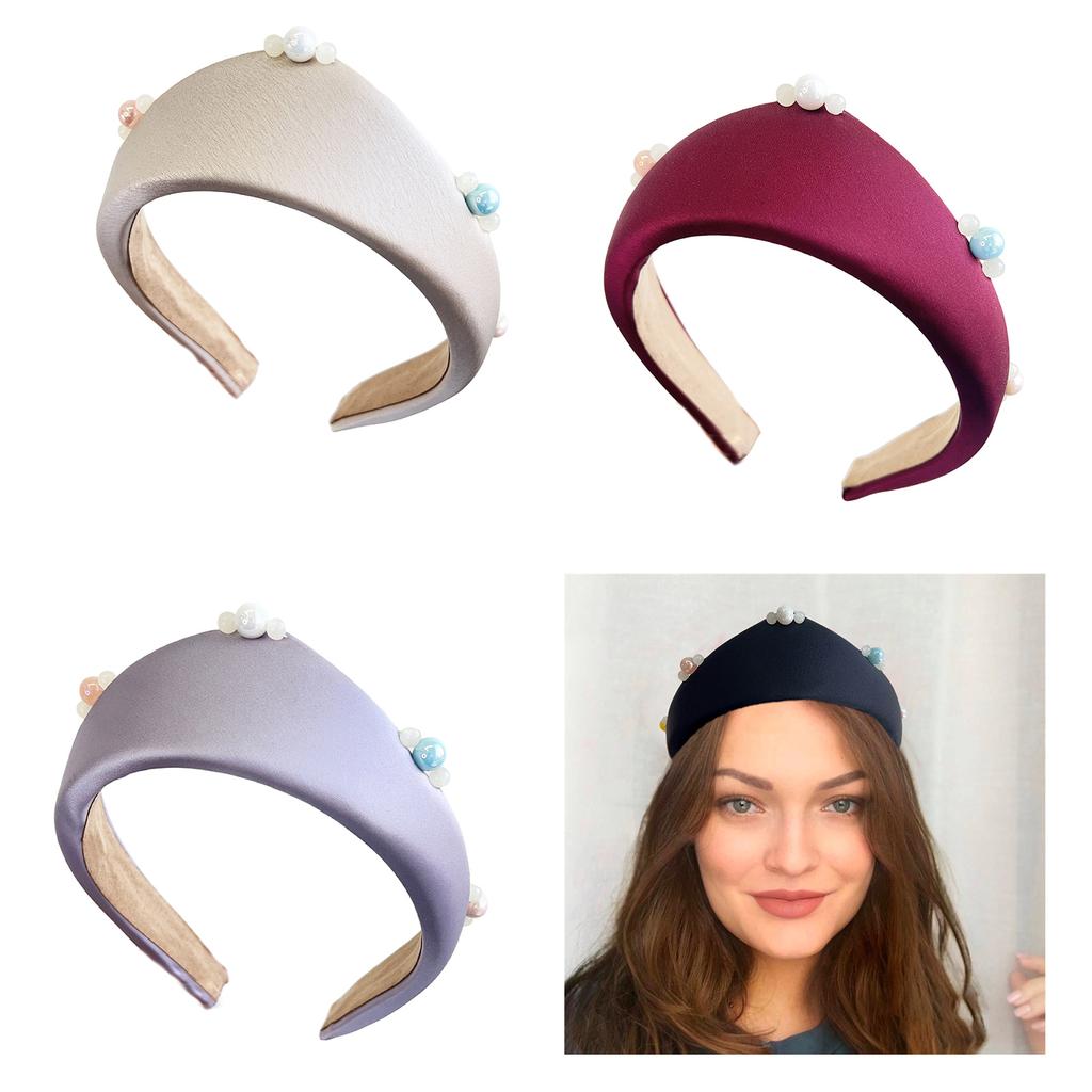 Women Retro Fabric Headband with Pearl Decors High Skull Wide Hairhoop for Elegant Hair Styling All Matching Hairband