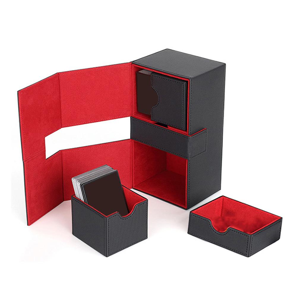 Card Deck Box with 3 Drawers Large Capacity Magnetic Closure PU Leather Game Card Storage Box for Holding Over 200 Cards