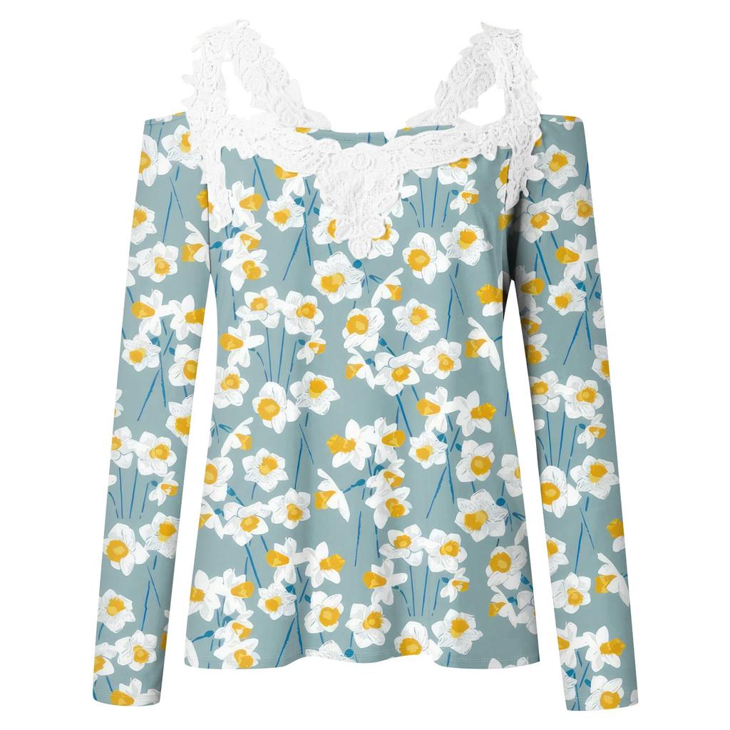 Модный кружевной пуловер с V-образным вырезом, длинный рукав, полосатый принт, однотонная повседневная футболка