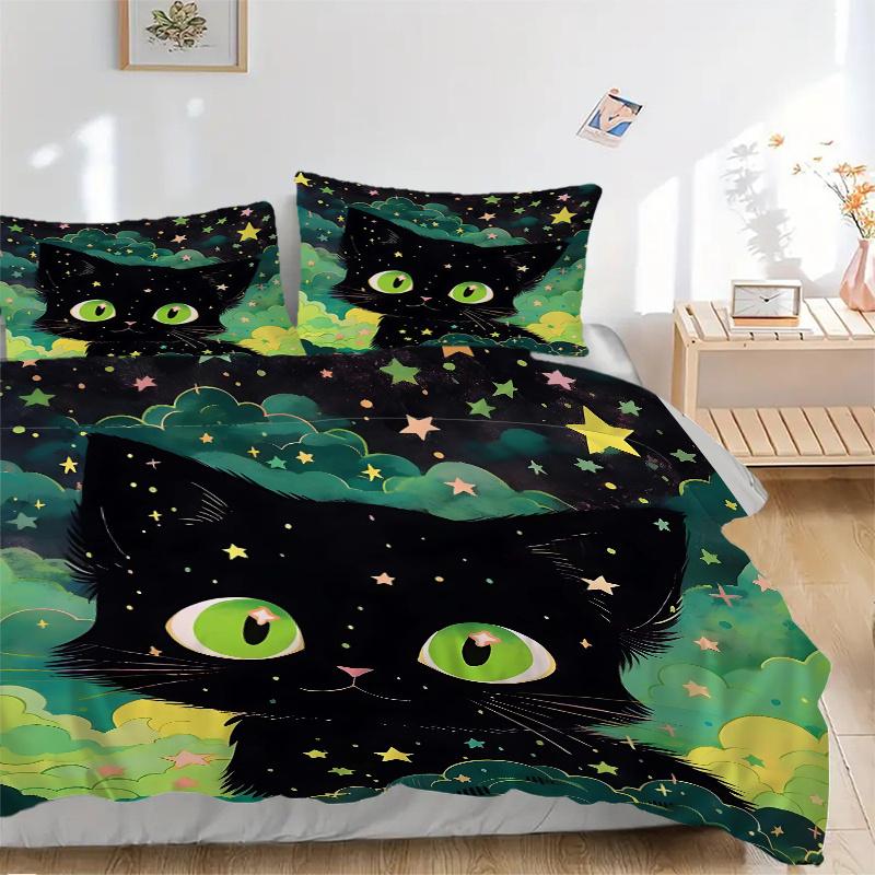 3pcs Cartoon Star Cat Quilt Set - Soft and Comfortable Bedroom, Guest Room and Dorm Decor Bedding Set 1 Quilt Cover + 2 Pillowcases.N012