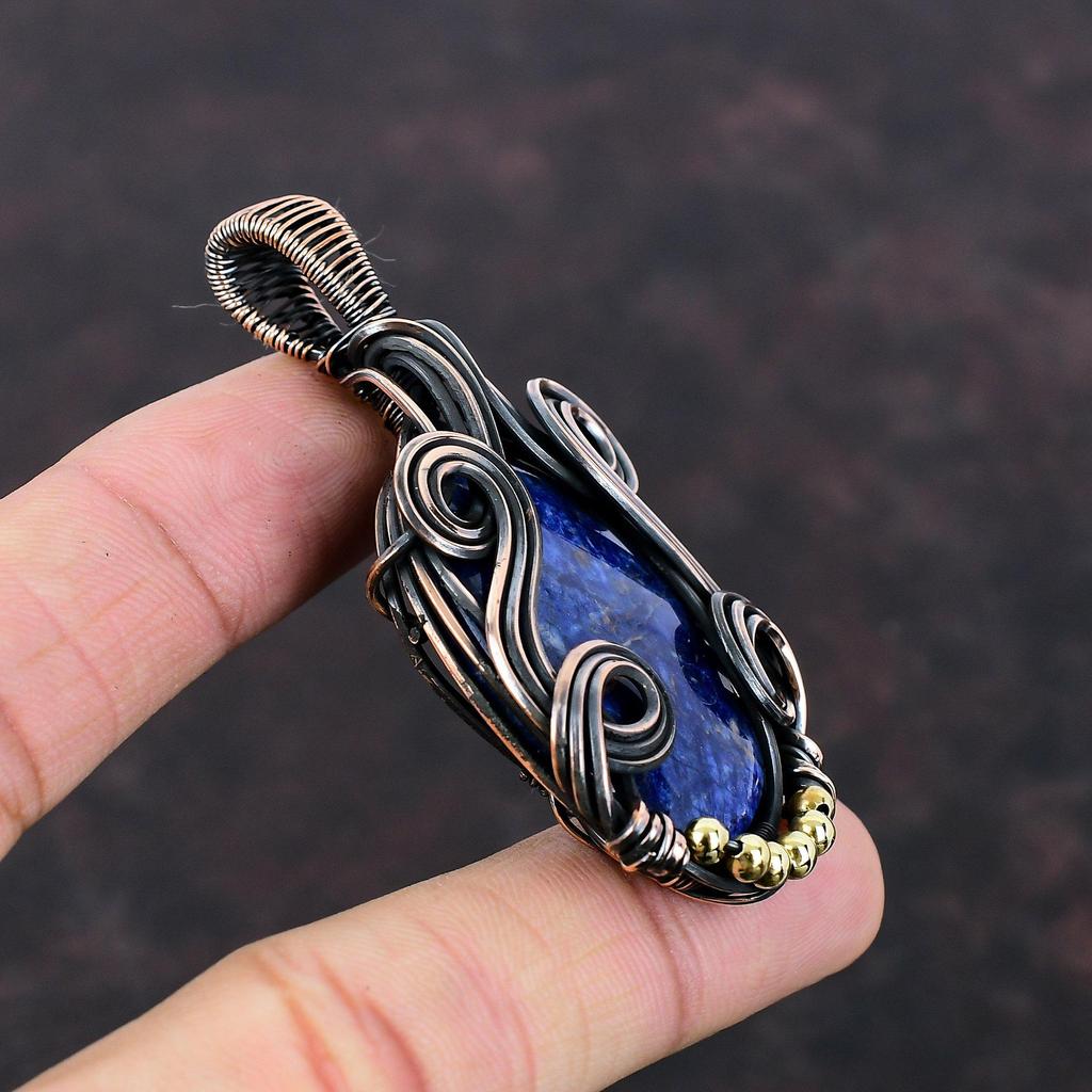 Подвеска из камня содалит Медная проволока обернута Подвеска Уникальное медное украшение Изящная подвеска Украшения из проволоки Ручная работа Подвеска Подарок для женщин
