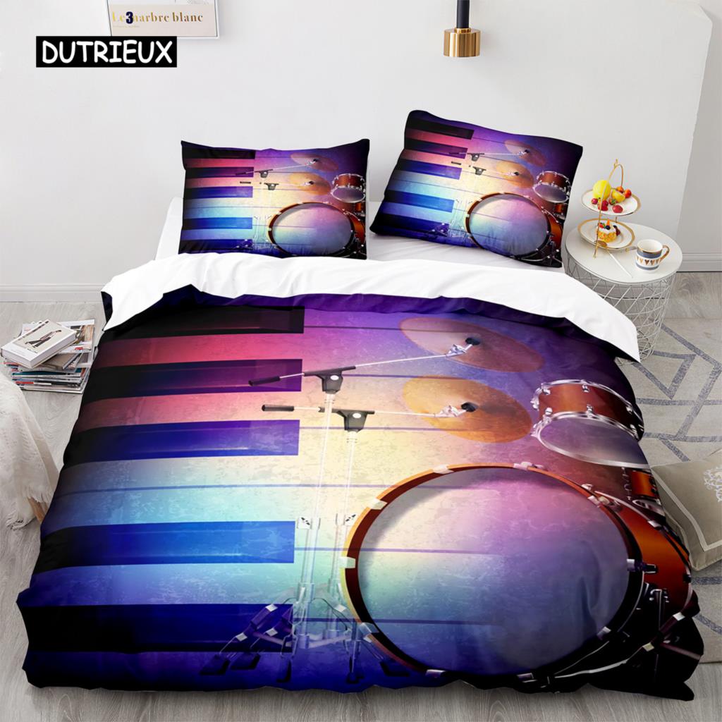 Drum Kit Duvet Cover Set Classical Music Comforter Cover Musical Instrument Lightning Pattern Quilt Cover for Kids Boys Teens