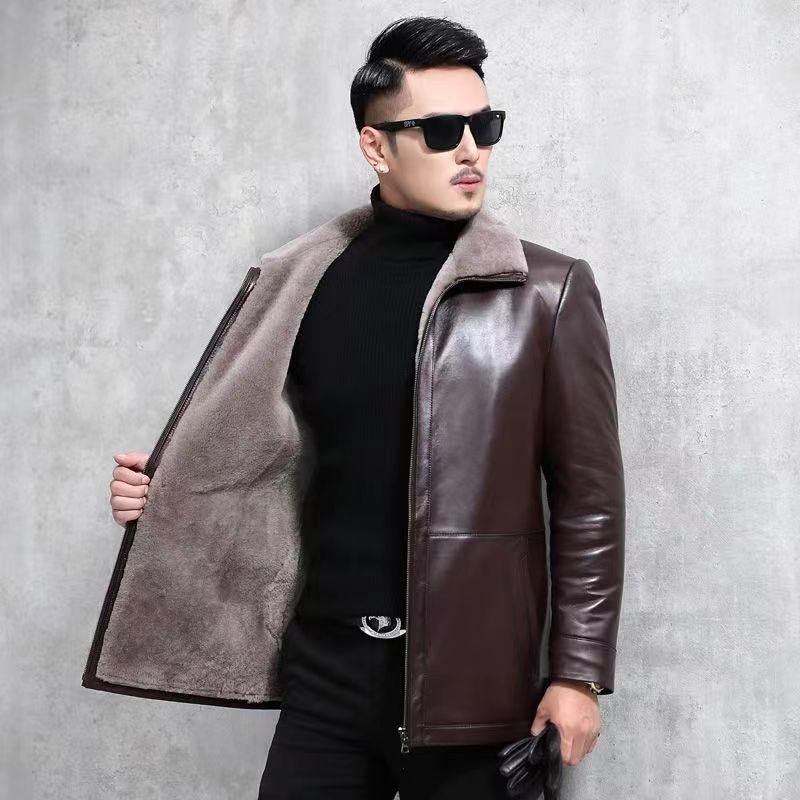 New Autumn and Winter Men's Leather Jackets Men's Thick Leather Jackets Dad Casual Lapel Leather Jackets Men