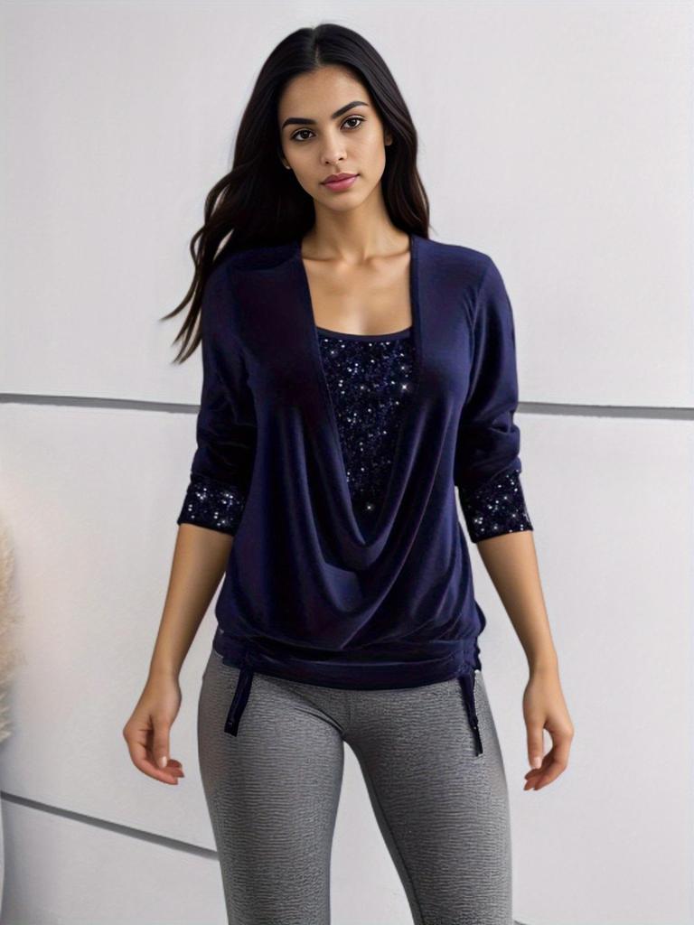 "2024 Autumn Sequined Long-Sleeve Women's Top with Drop Collar and Loose Pleated Design"