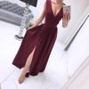 2023 Summer European & American Deep V-Neck Solid Color Maxi Evening Dress with Slit