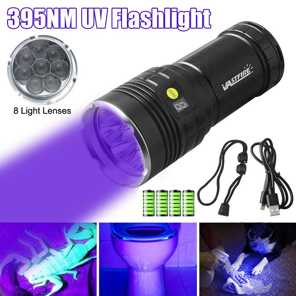 8LED 395nm/365nm UV Flashlight High Power Ultraviolet Torch Money Ore Pet Stains Invisible Ink Scorpion Marker Fluorescent Light