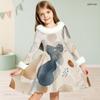 Girls High Neck Long Sleeve Printed Dress Furry Trim Bow A Line Flared Hem