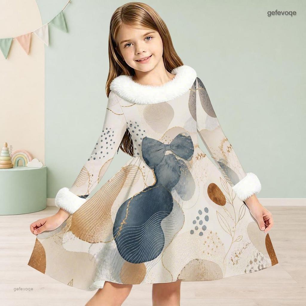 Girls High Neck Long Sleeve Printed Dress Furry Trim Bow A Line Flared Hem