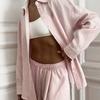 Lazy French Style Loose Pink Set 100% Cotton Casual Shirt Long Sleeve Top Long Pants