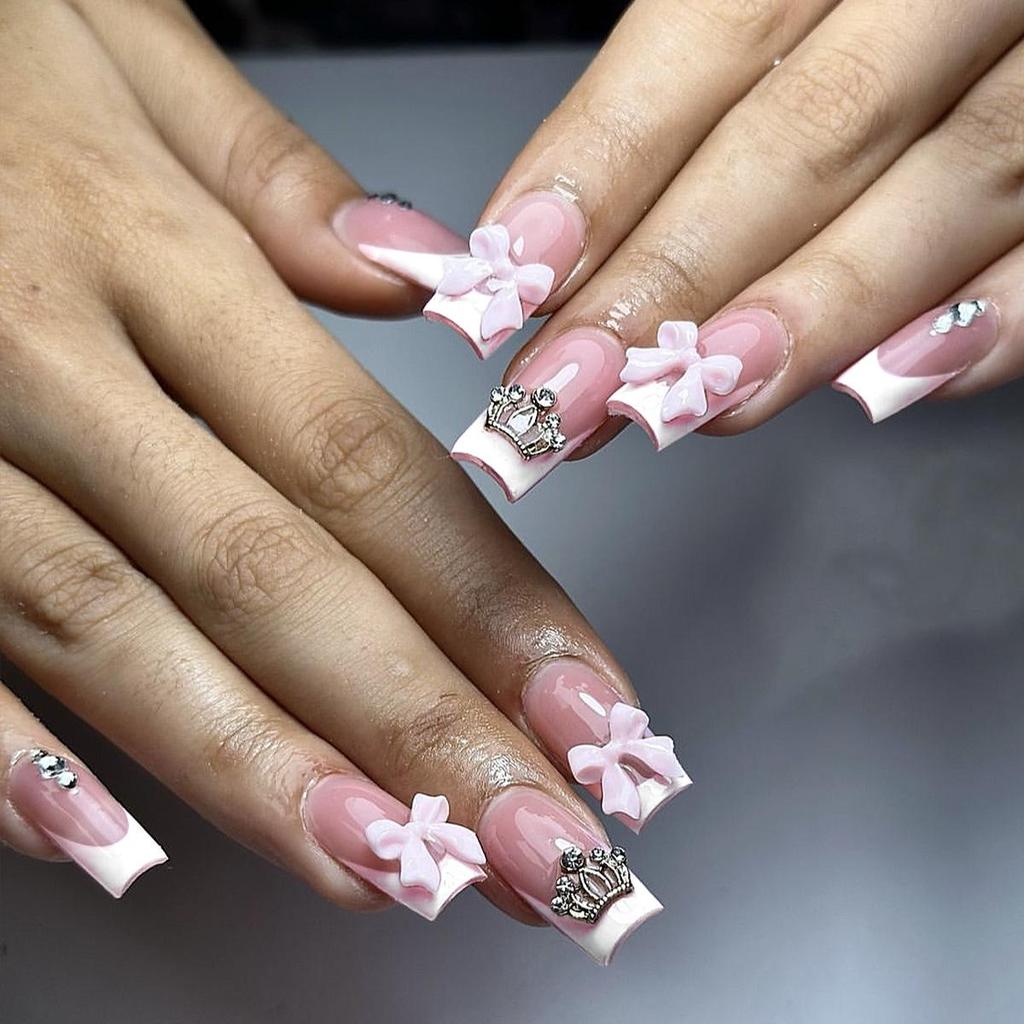 Medium White French Tip Wearable Nails with 3D Bow, Crown, and Rhinestones