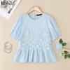 Women Casual Round Neck Crochet Patchwork Summer Short Sleeve T-Shirts