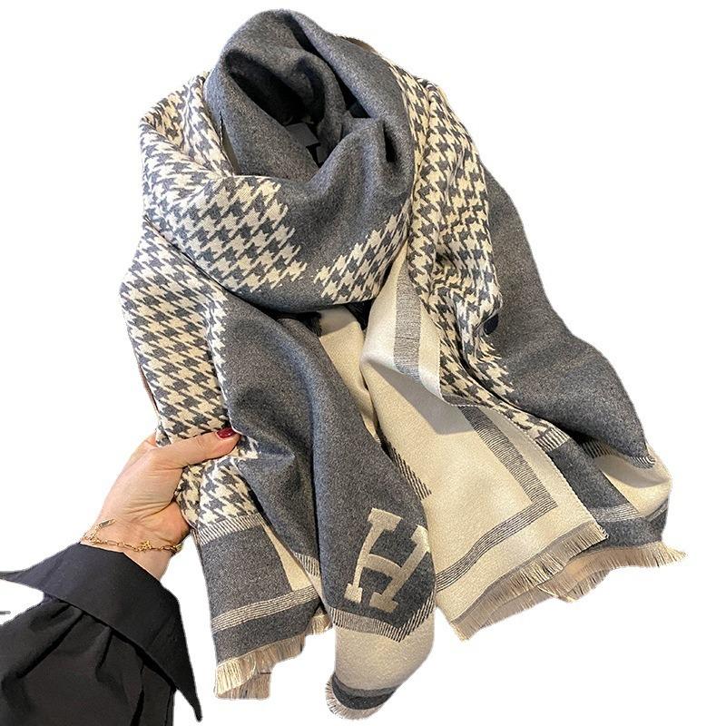 Classic Fashion Letter Thousand Birds Grid Imitation Cashmere Scarf Women's Winter Thickened Double Sided Air Conditioning Shawl Scarf Women's