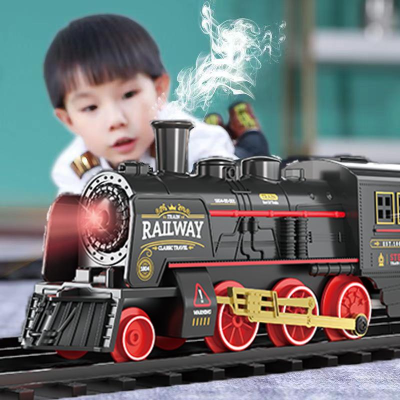 Retro Rail Train Toys Simulation Train Track With Steam Music Light Electric Car Toys Gift For Boys