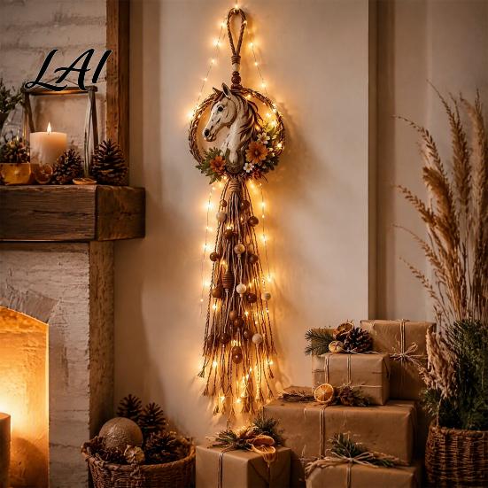 Unique Horse Head Craft Gift Farmhouse Wall Decor Boho Hanging Ornament with Wood Beads Natural Flax Rope Art Tassels Rustic for Living Room