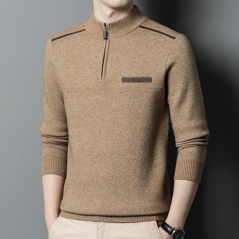 Зимний мужской шерстяной свитер, утолщенный свитер с застежкой-молнией и полуводолазкой, модный теплый вязаный свитер для папы для мужчин