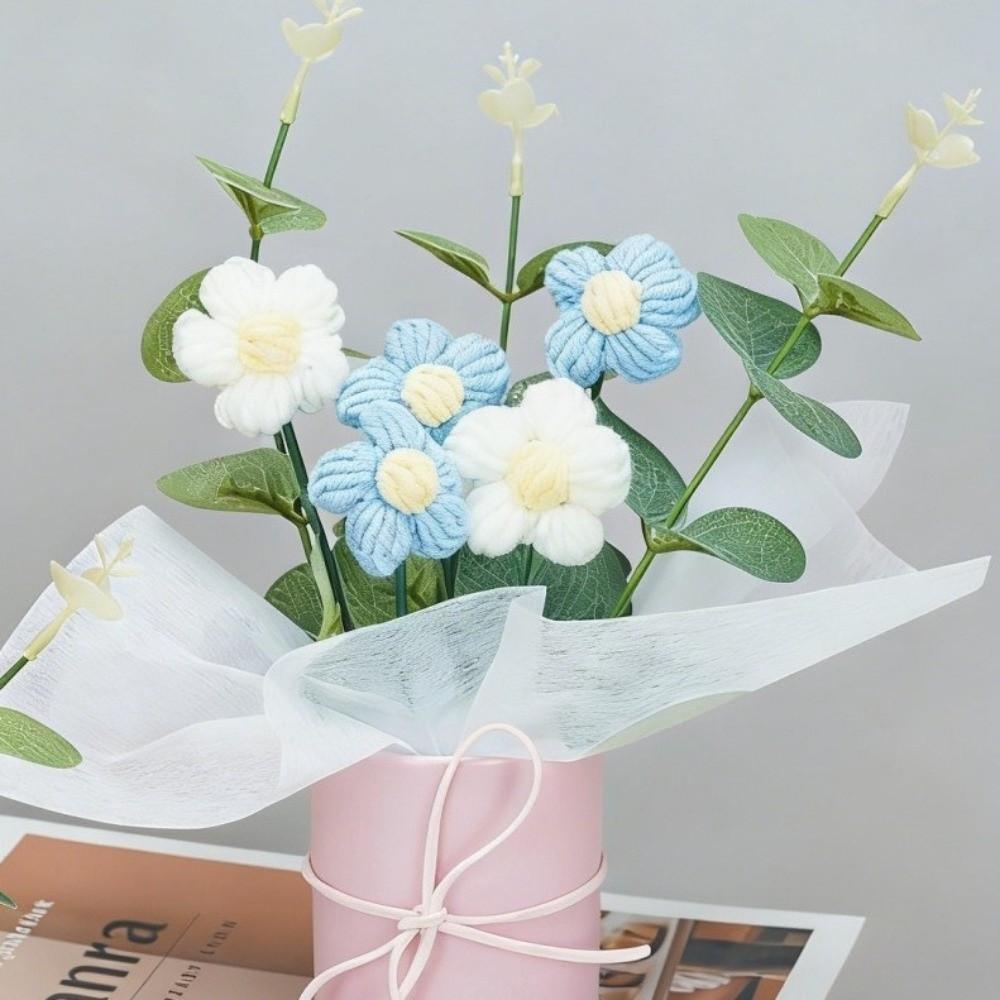 Exquisite Handmade Hand Knitted Flowers With Light String Bucket Bouquet  Home Decoration
