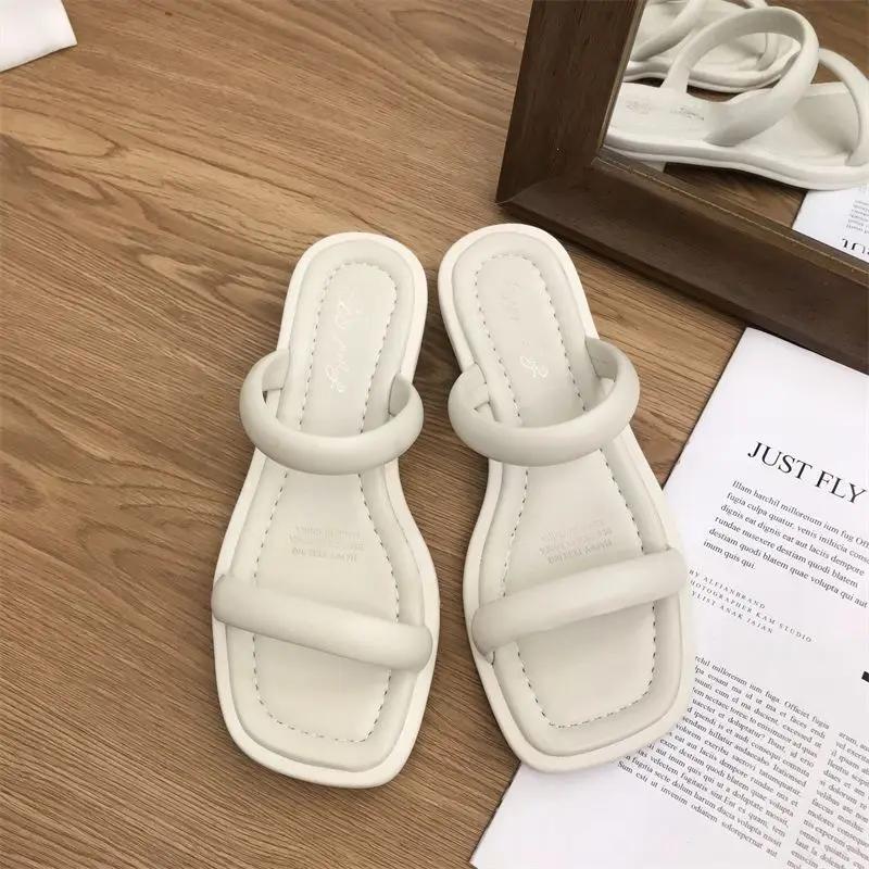 Слайды Туфли с открытым носком Домашние Мягкие на ощупь Не совсем белые Низкий каблук Уличные Женские тапочки и Женские сандалии Обувь Натуральная кожа F