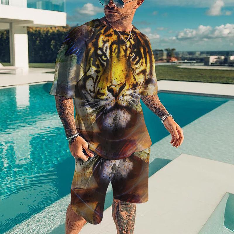 Мужские комплекты футболок, спортивный костюм с 3D принтом животного тигра, футболки, шорты, комплект из 2 предметов, уличная одежда, мужские костюмы больших размеров, спортивная одежда