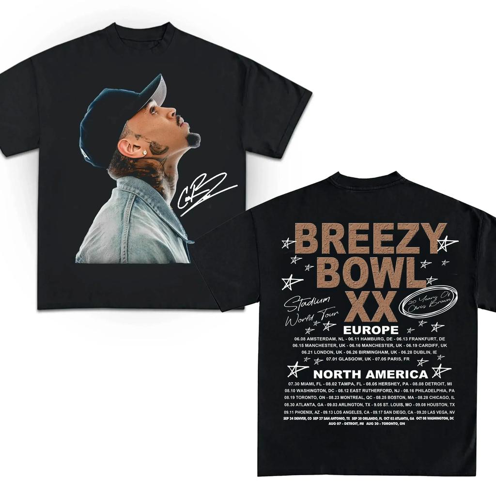 Летняя футболка с круглым вырезом из хлопка с принтом Chris Brown Breezy Bowl XX Concert Tour, хип-хоп, мужская, большая, уличная, для активного отдыха, с коротким рукавом