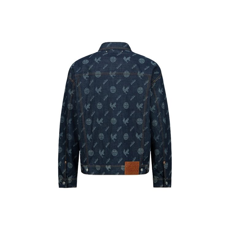 Evisu AW23 Джинсовая куртка с полным окрашиванием и принтом "Орел и Домашний Цветок" Мужские куртки Джинсово-Синий 2EAHTM3DJ1902LFCT