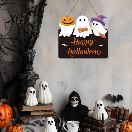 Wooden Seasonal Front Porch Ornament Halloween Ghost Door Sign, Cute Ghosts Hanging Wreath, Rustic Happy Kids Room Festive Wall Art Welcome
