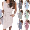 Женское летнее полосатое платье-футболка без рукавов, повседневное короткое мини-платье с завязкой на талии